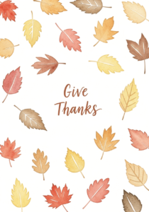 Pastel watercolor leaves with the text "give thanks" in the middle.