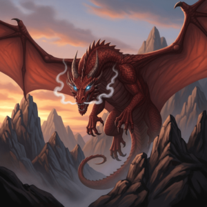 Digital painting of a fierce red dragon with glowing eyes and smoke curling from its nostrils, soaring above jagged rocky mountains at sunset with dramatic lighting