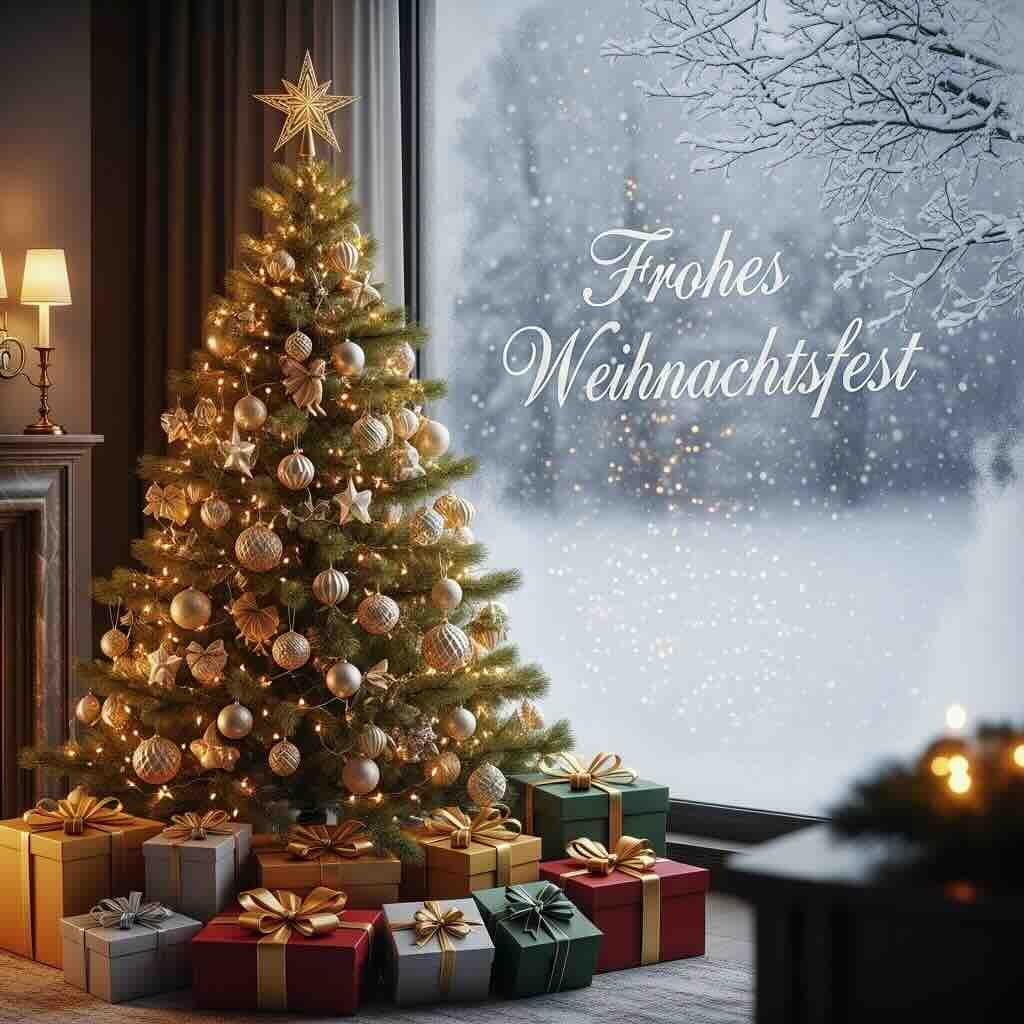 Weihnachtsbaum mit Geschenken am Fenster