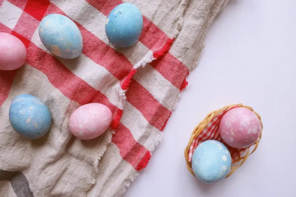 Easter eggs on a kitchen towel