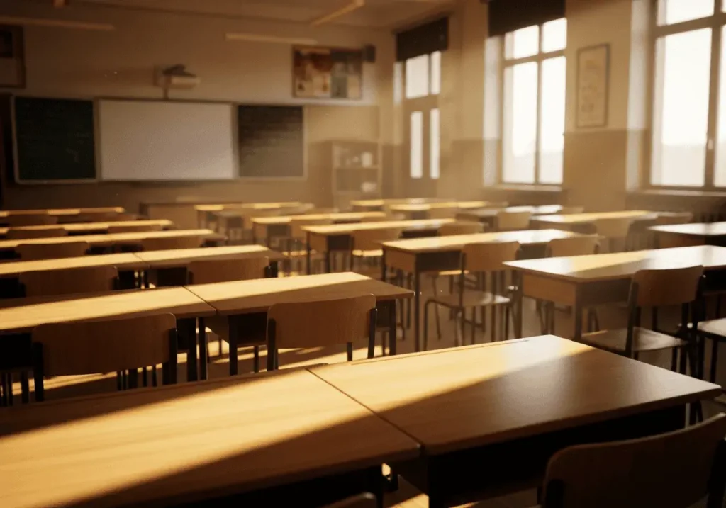 An AI-generated image of an empty classroom