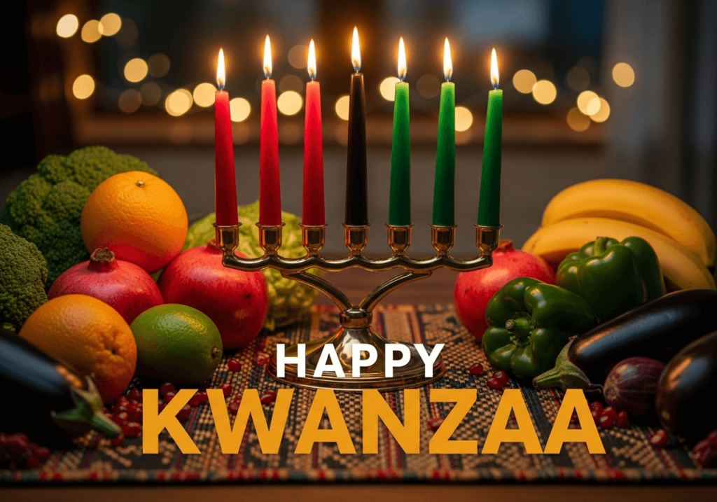 An image of a kinara and fruits and vegetables with the words "Happy Kwanzaa"