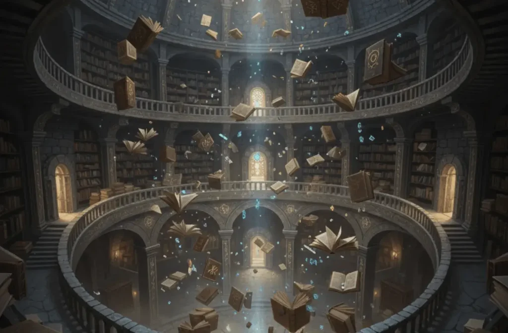 An AI-generated image of a library with floating books