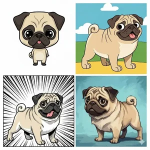 4 AI-generated cartoon images in 4 different styles: Chibi, retro Saturday-morning, comic book, and painterly