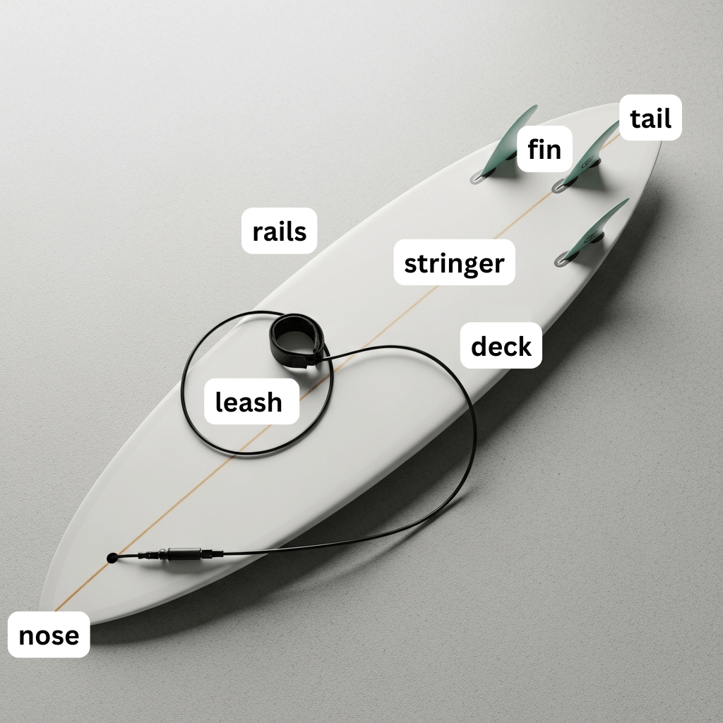 An AI-generated image of a surfboard with the parts of the board labeled