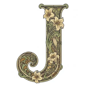 Ornate letter J adorned in Art Nouveau style lilies