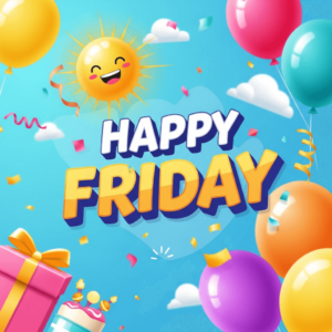 Cartoon-like image of balloons, a smiling sun, and confetti. The text reads "Happy Friday"