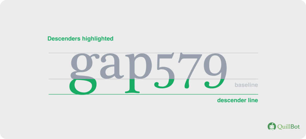 The letters "gap579" with the descenders highlighted in green