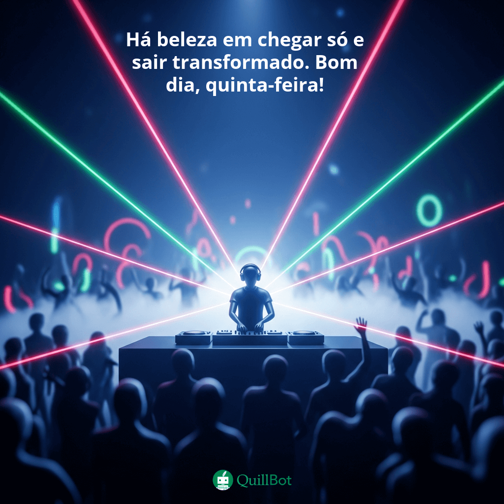 A imagem desfocada de um dj em uma festa, e a frase: Há beleza em chegar só e sair transformado. Bom dia, quinta-feira!