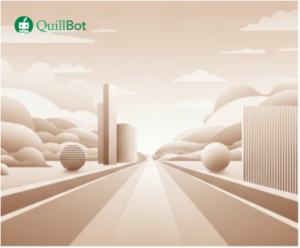 Paisagem abstrata em tons de bege claro com estrada em perspectiva, formas geométricas e céu com nuvens.