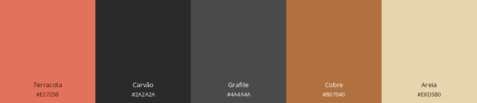 Paleta de cores contendo cinco tonalidades: terracota, carvão, grafite, cobre e areia.