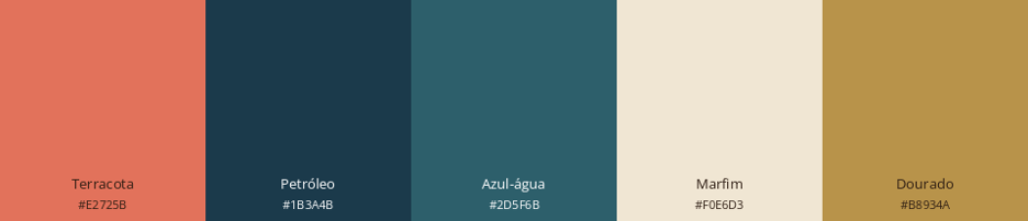 Paleta de cores contendo cinco tonalidades: terracota, petróleo, azul-água, marfim e dourado.