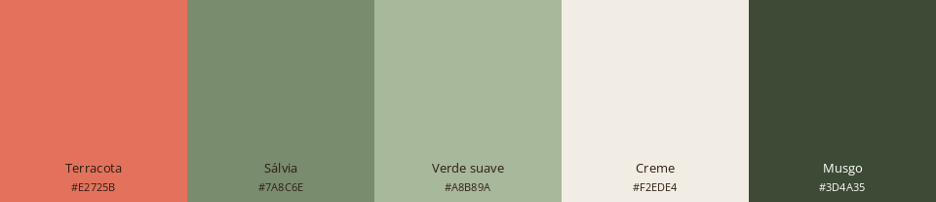 Paleta de cores contendo cinco tonalidades: terracota, sálvia, verde suave, creme e musgo.