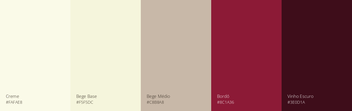 Paleta em progressão do mais claro para o mais escuro com as seguintes cores: creme, bege (base), bege médio, bordô e vinho escuro.