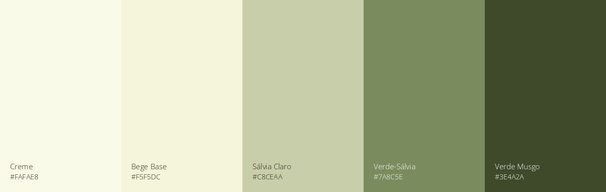 Paleta em progressão do mais claro para o mais escuro com as seguintes cores: creme, bege (base), sálvia claro, verde-sálvia e verde musgo.