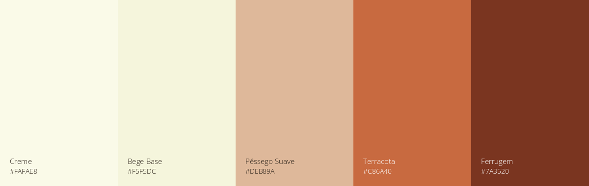 Paleta em progressão do mais claro para o mais escuro com as seguintes cores: creme, bege (base), pêssego suave, terracota e ferrugem.
