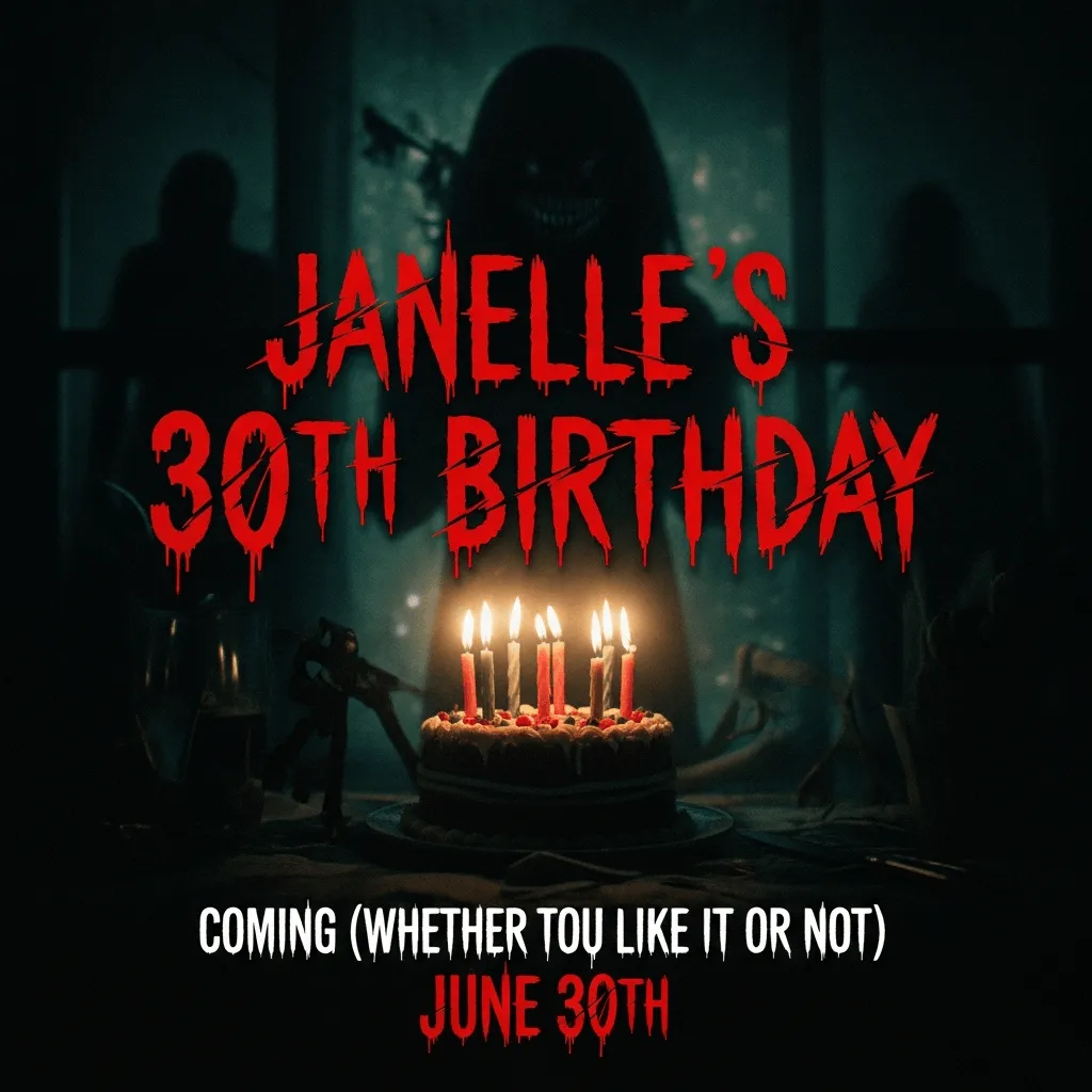 A horror movie poster with the text "Janelle's 30th Birthday" and the subtitle "Coming (whether you like it or not) June 30th