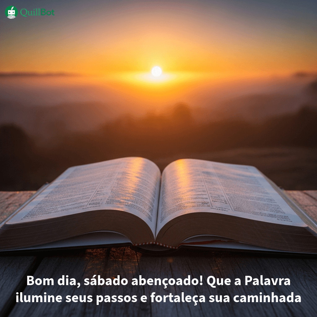 A imagem de uma bíblia aberta com o nascer do sol ao fundo e a frase: Bom dia, sábado abençoado! Que a Palavra ilumine seus passos e fortaleça sua caminhada.