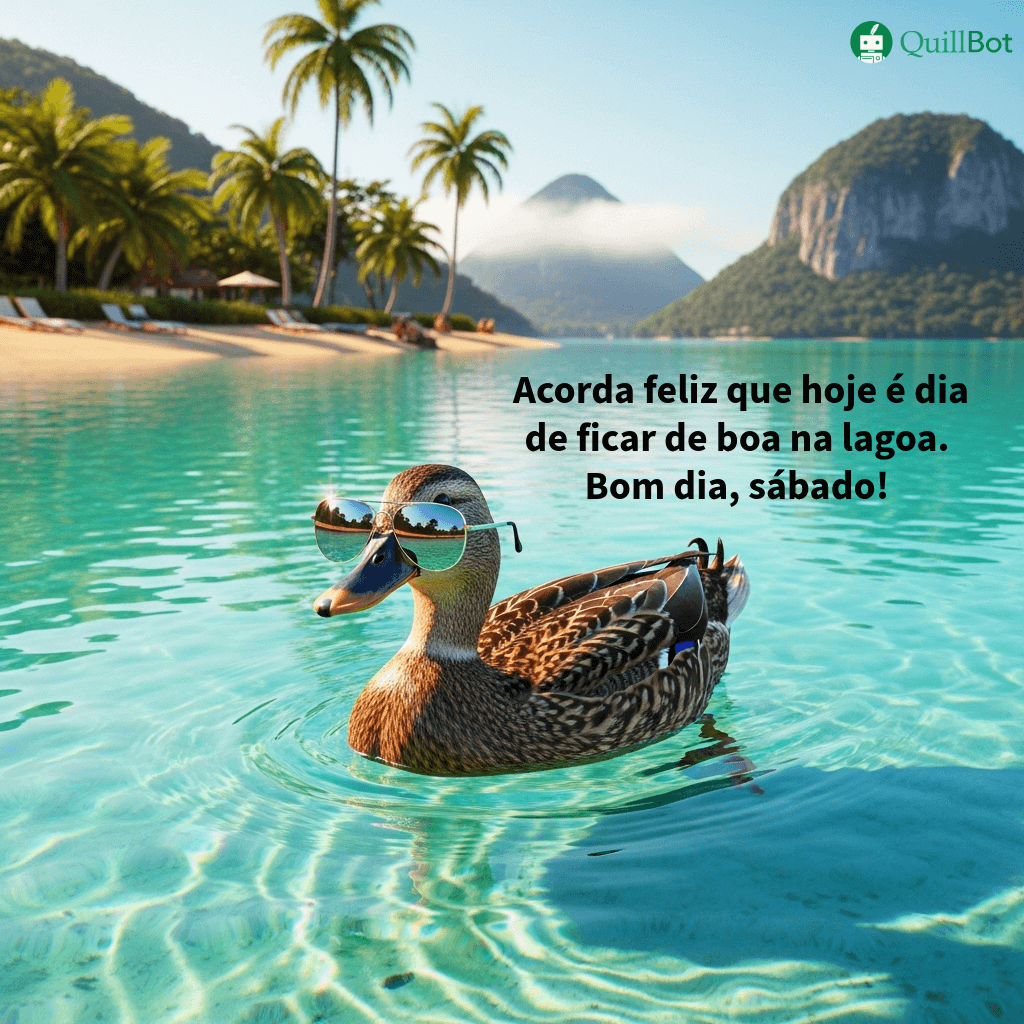 A imagem de um pato de óculos escuros numa lagoa que lembra uma praia do Caribe e a frase: Acorda feliz que hoje é dia de ficar de boa na lagoa. Bom dia, sábado!