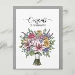 wedding bouquet card that says "Congrats to the newlyweds!"