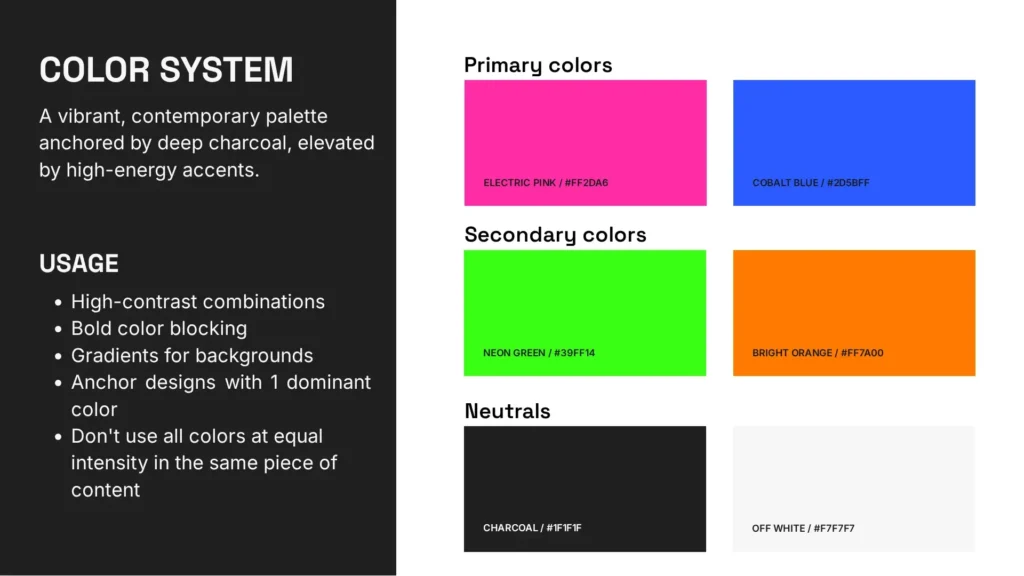 A page from a sample brand kit for an online art shop showing the brand colors