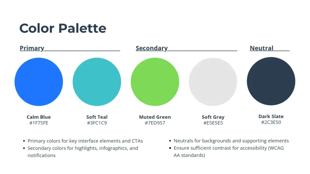 A page from a sample brand kit for a healthtech SaaS showing the brand colors