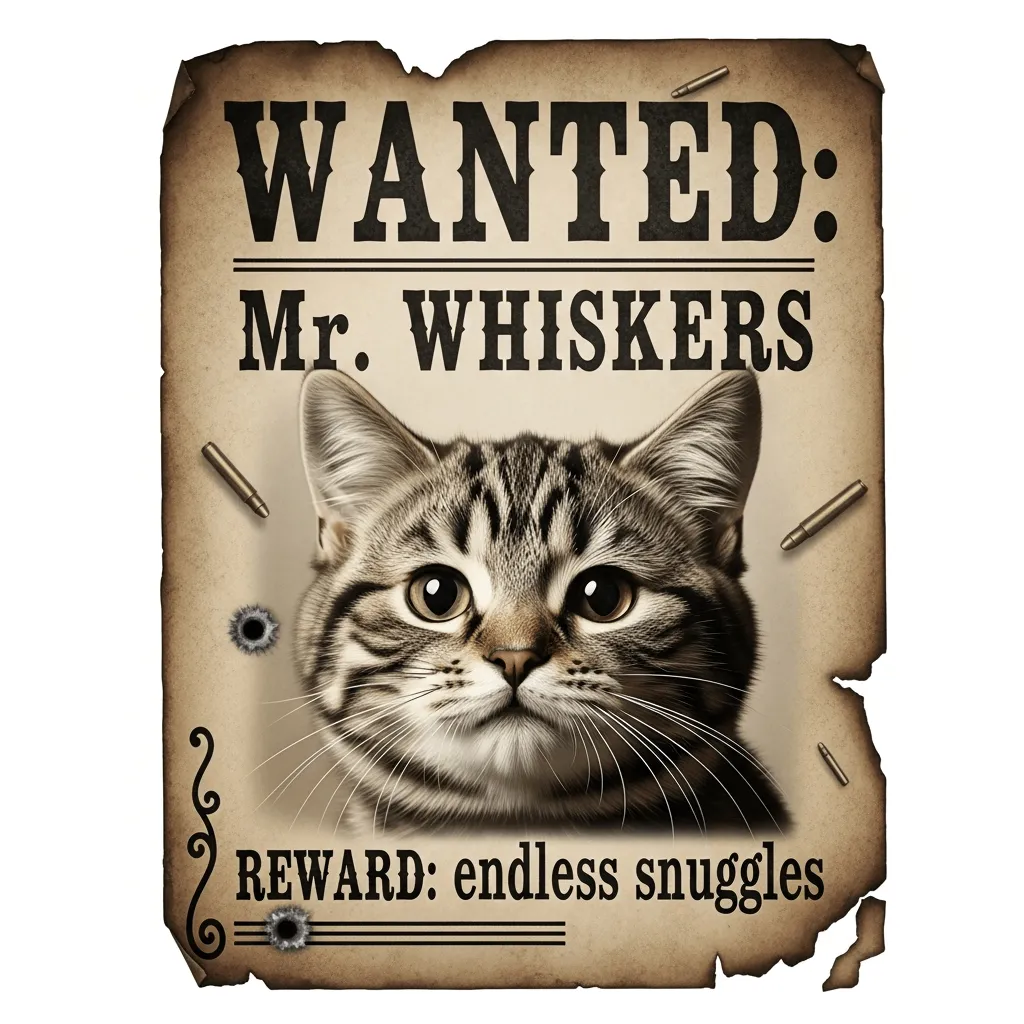 A western-style wanted poster showing a cute tabby cate and the text "Wanted: Mr. Whiskers" and "Reward: endless snuggles"