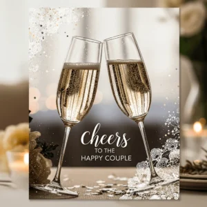 A wedding card with two champagne flutes toasting and the words: "Cheers to the happy couple"