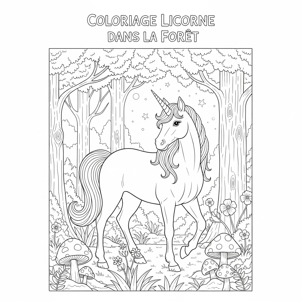 coloriage licorne dans foret