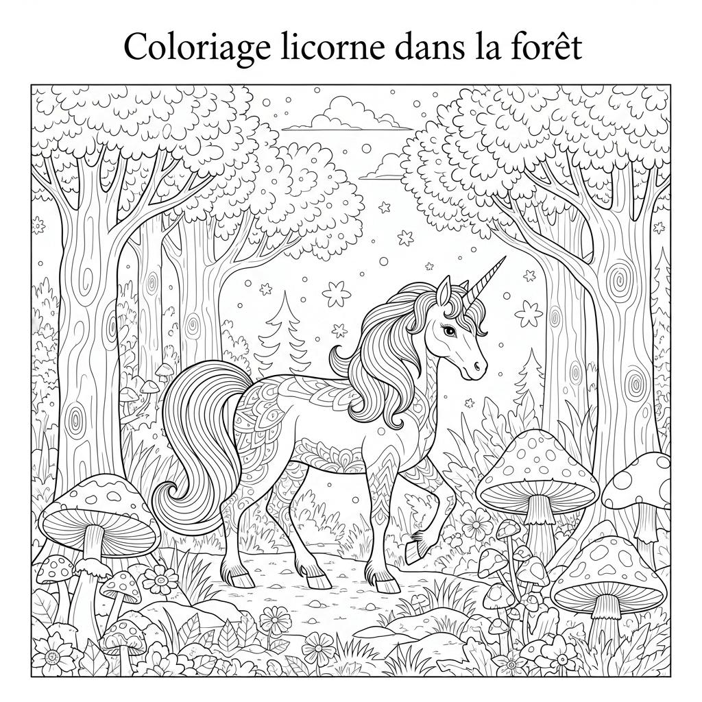 coloriage licorne dans la foret