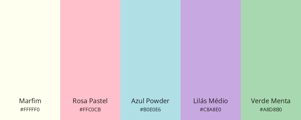 Paleta de cores em combinação triádica com tons pasteis: marfim, rosa pastel, azul powder, lilás médio e verde menta.