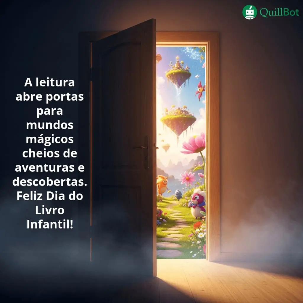 A imagem de uma porta entreaberta com a visão de um mundo colorido e fantástico dentro, e a frase: A leitura abre portas para mundos mágicos cheios de aventuras e descobertas. Feliz Dia do Livro Infantil!