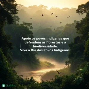 A imagem de um rio no meio da floresta com pássaros a voar e a frase: Apoie os povos indígenas que defendem as florestas e a biodiversidade. Viva o Dia dos Povos Indígenas!