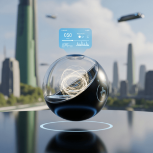 AI-generated concept of a metallic orb device with a holographic screen projected in the air.