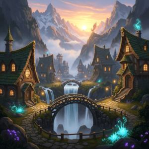 AI-generated fantasy art of a mountain village at sunrise with warm golden light and a magical feel.